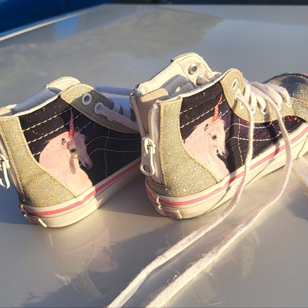 Vans Kids' SK8-Hi Zip Digi Unicorn glitter high-top sneakers.